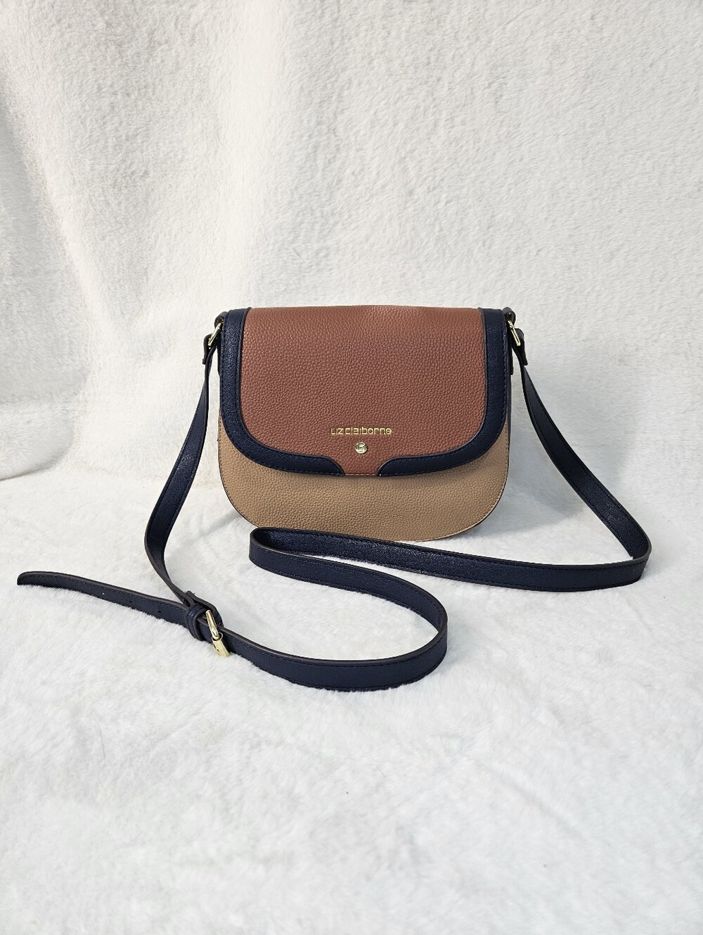 Liz Claiborne Navy, Cognac & Tan Tricolor Crossbody Bag